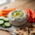 Creamy herbed yogurt dip with fresh vegetables and warm pita triangles.