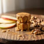High protein apple bites with oats and cinnamon on wooden board.