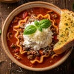 High protein lasagna soup with beef, spinach, and creamy cheese topping.