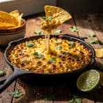 Golden and bubbly hot corn dip in a cast iron skillet recipe.