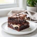 Irish cream brownies with dark chocolate ganache on a rustic wooden table.