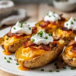 Crispy loaded potato skins with melted cheddar cheese and bacon.