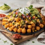Crispy loaded tater tot nachos with seasoned beef and melted cheese.