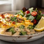 Easy low carb chicken casserole with cheesy crust and broccoli in a dish.