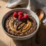 Low carb chocolate peanut butter oats in a rustic glass jar.