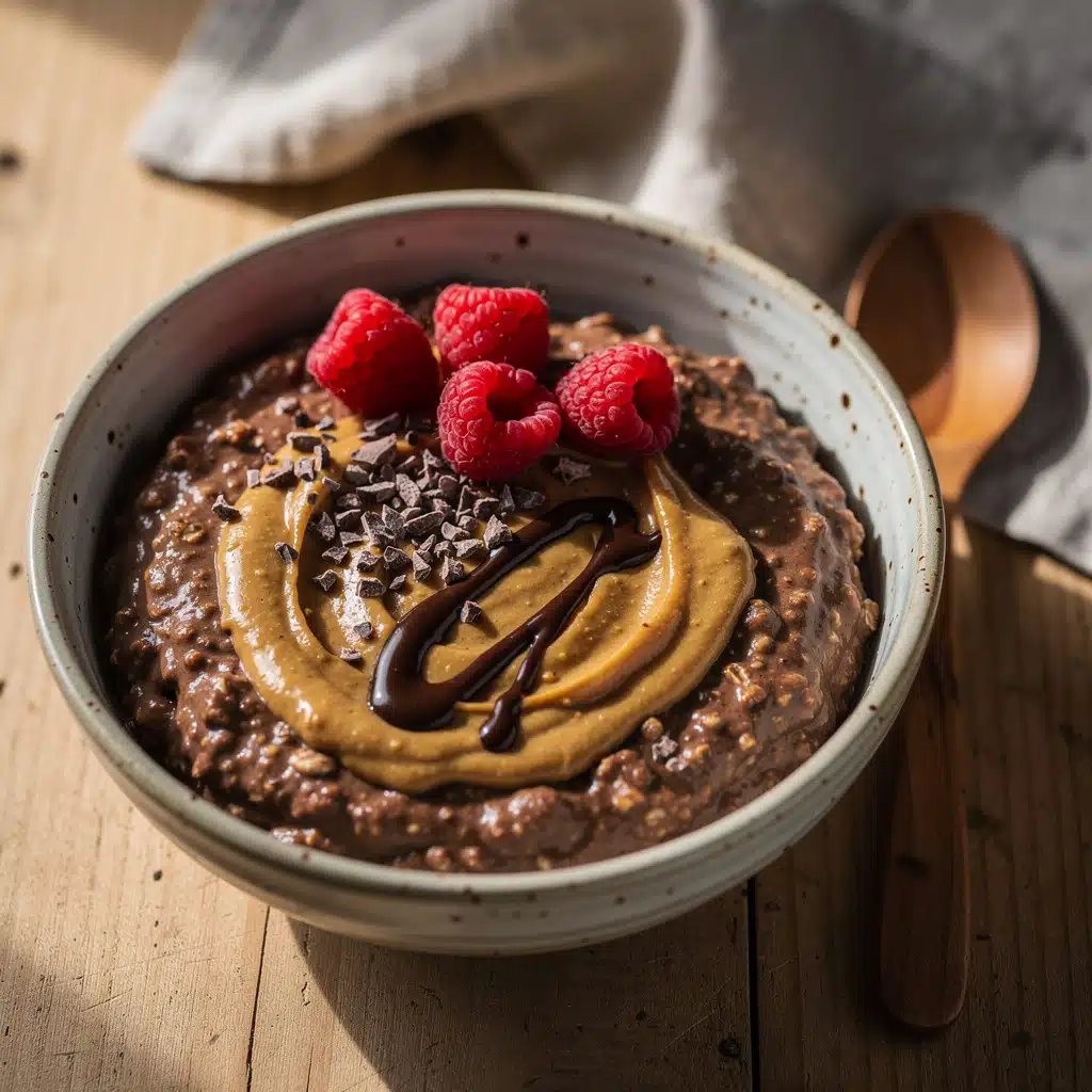 Low carb chocolate peanut butter oats in a rustic glass jar.