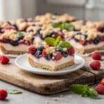 Mixed berry cheesecake crumb bars with golden topping and creamy filling.