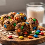 Chewy monster cookie protein balls with oats, chocolate chips, and M&Ms.