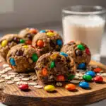 Chewy monster cookie protein balls with oats, chocolate chips, and M&Ms.