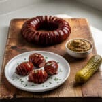 Caramelized mustard glazed hasselback kielbasa bites on a wooden board.