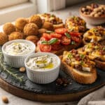 Party appetizer platter with dips, sausage balls, bruschetta, and cheesy bites.