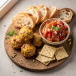 Rustic appetizer platter with bruschetta dip and cheddar ranch sausage balls.
