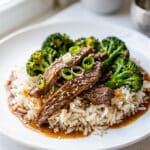 Slow Cooker Beef and Broccoli with tender steak and broccoli over rice