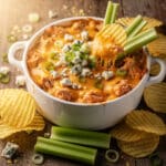 Creamy slow cooker buffalo chicken dip with blue cheese and celery.