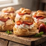 Golden brown strawberry cream puffs filled with fluffy vanilla pastry cream.