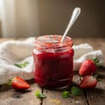 Homemade Italian strawberry jam recipe in a rustic jar with spoon.