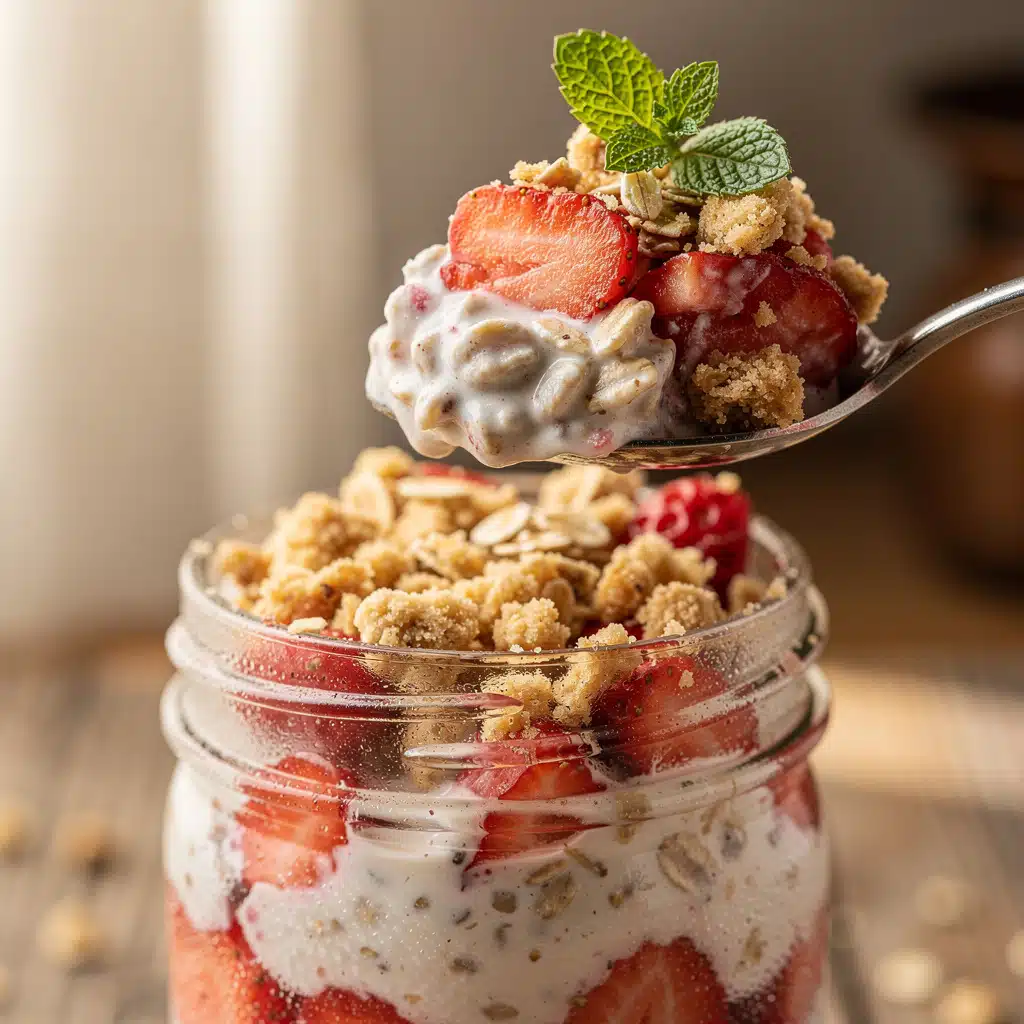 Creamy strawberry shortcake overnight oats in a glass jar breakfast