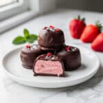 Strawberry yogurt chocolate bites with creamy pink filling and glossy shell.