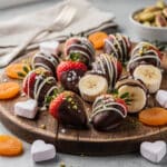 Romantic Valentine's Day chocolate dipped strawberries and banana platter.