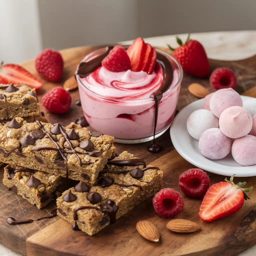 Valentine's dessert board with healthy yogurt parfait and protein cookie bars