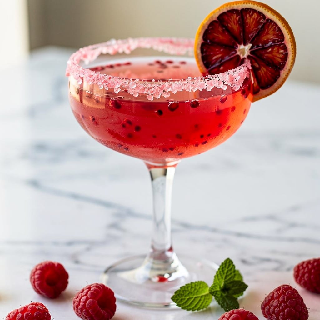 Vibrant pink Valentine's mocktail with raspberries and a salted rim.