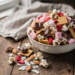 Valentine's Day S'mores snack mix with chocolate and pink marshmallows