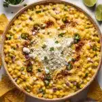 Creamy baked elote dip with crispy corn and melted cheese topping