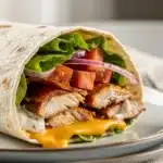 Chicken bacon ranch wrap sliced open reveals its delicious layered fillings.