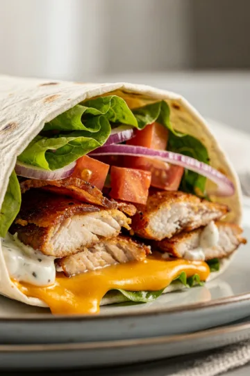 Chicken bacon ranch wrap sliced open reveals its delicious layered fillings.