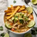 Hearty chicken tortilla soup with avocado and crispy tortilla strips in a bowl.