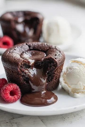 Chocolate lava cakes with a molten center, powdered sugar, and fresh raspberries.