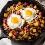 Crispy corned beef hash with sunny side up eggs in cast iron skillet