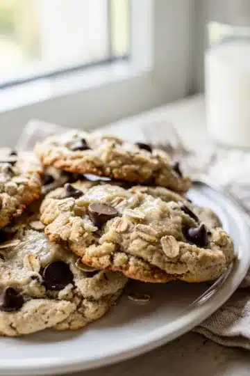 Overhead view of soft cottage cheese protein cookies with chocolate chips.