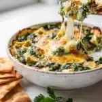 Creamy homemade spinach artichoke dip with cheese and artichokes in a ceramic dish.