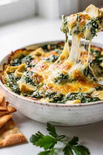 Creamy homemade spinach artichoke dip with cheese and artichokes in a ceramic dish.