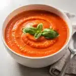 Creamy tomato basil soup recipe with fresh herbs and a wooden spoon.