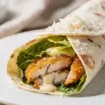 Crispy chicken Caesar wrap with golden strips and creamy glossy dressing.