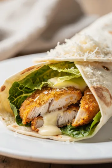 Crispy chicken Caesar wrap with golden strips and creamy glossy dressing.