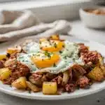 Crispy corned beef hash with eggs in a cast iron skillet for breakfast