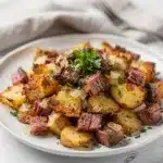 Crispy corned beef hash with golden potatoes and caramelized onions in skillet.
