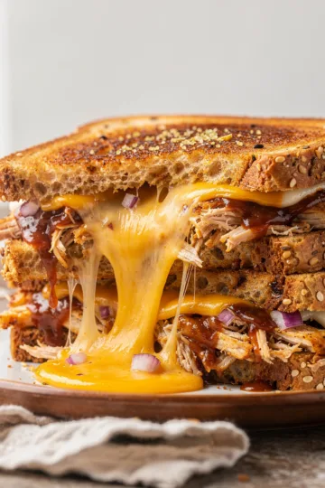 Grilled barbecue chicken grilled cheese sandwich sliced open on rustic board
