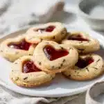 Homemade heart jam thumbprint cookies with glossy red filling and crispy edges.