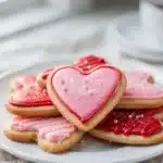 Heart shaped sugar cookies with creamy royal icing on a bright plate.