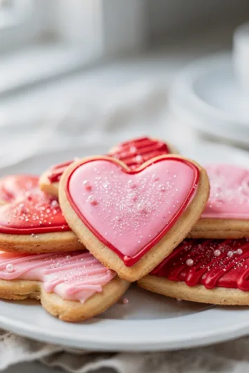 Heart shaped sugar cookies with creamy royal icing on a bright plate.