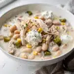 Creamy white chicken chili with tender shredded chicken and white beans