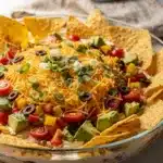 Loaded taco dip recipe with vibrant layers of beans, corn, salsa, and cheese.