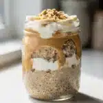 Peanut butter protein overnight oats in a clear glass jar with toppings