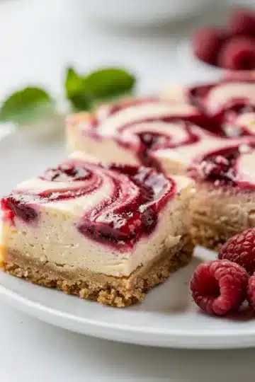 Creamy raspberry cheesecake bars with a vibrant jam swirl on graham crust