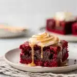 Red velvet brownies with creamy cream cheese swirls in a close up food photo