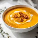 Creamy roasted butternut squash soup garnished with cream and pumpkin seeds.